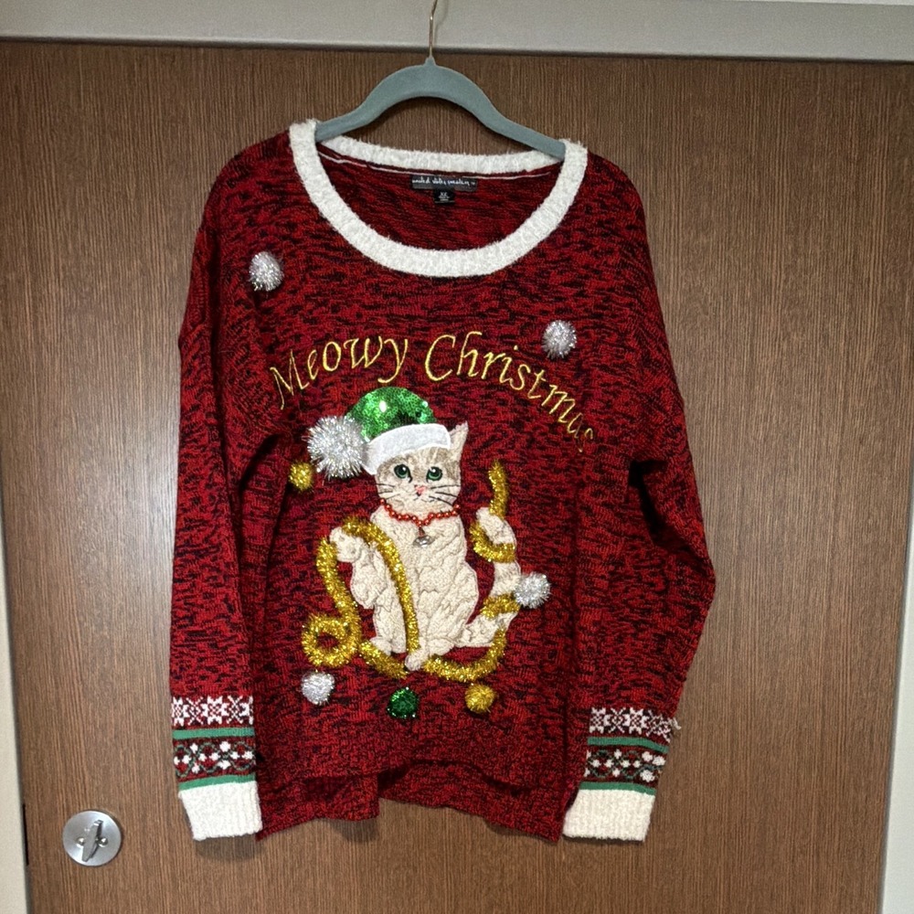 United States Sweaters Womens XL Red Meowy Christmas Cat Knit Pullover Crewneck